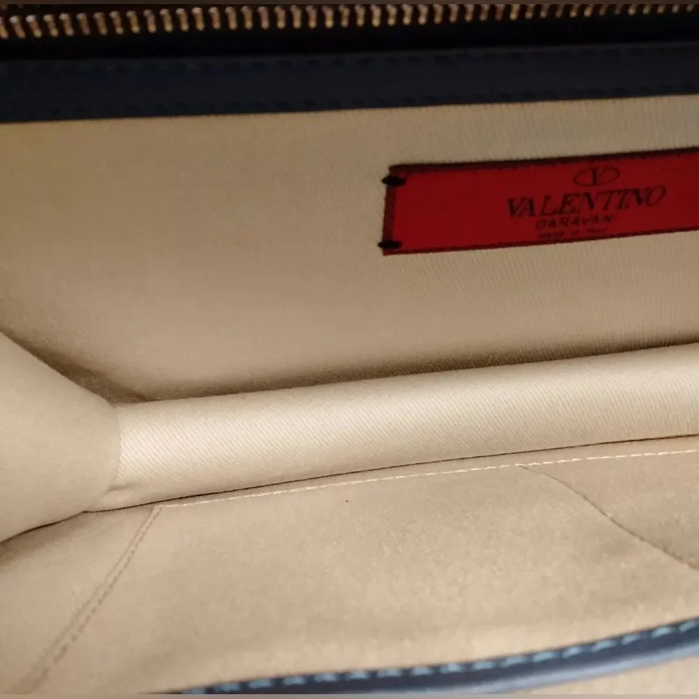 Auth Valentino Garavani Navy Blue Glam Lock Rockstud Medium Flap Shoulder Bag
